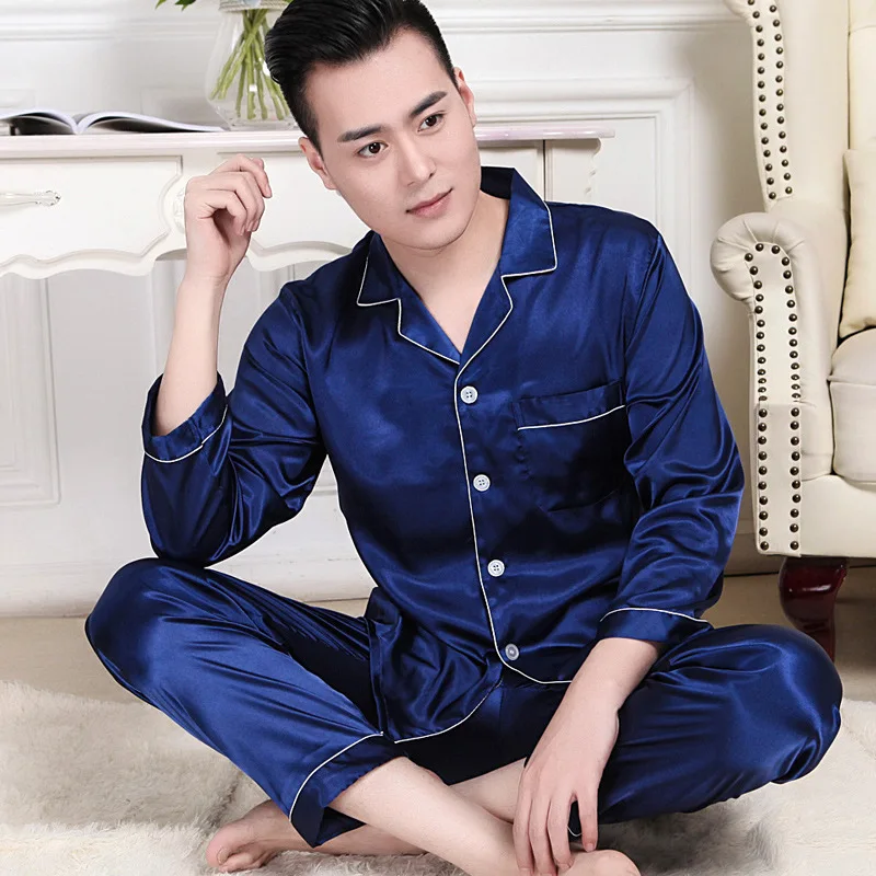 

2020 Silk Pajamas Women Long sleeve Solid Satin Pyjamas Men Love Sleepwear Woman's Lounge Couples Pajama Sets Pijama Mujer XY011