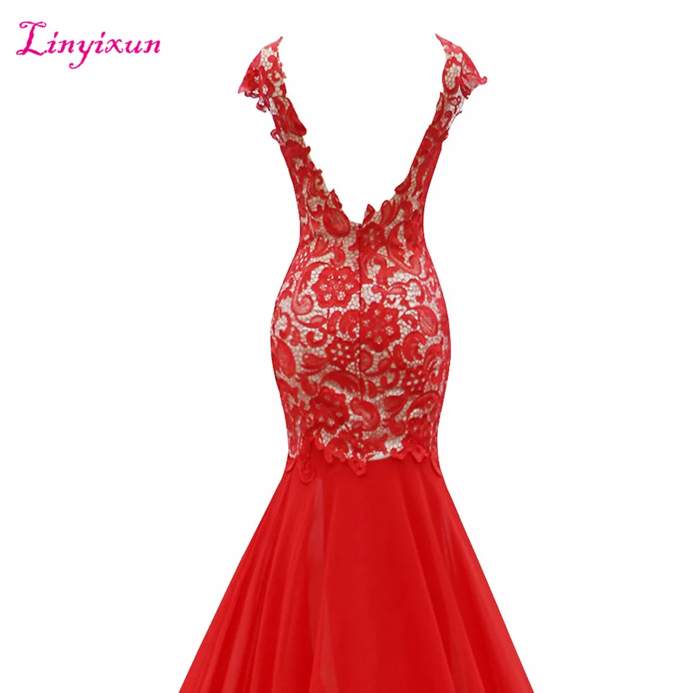 Linyixun реальные фото Русалка Вечерние платья 2017 Vestido de festa с коротким рукавом