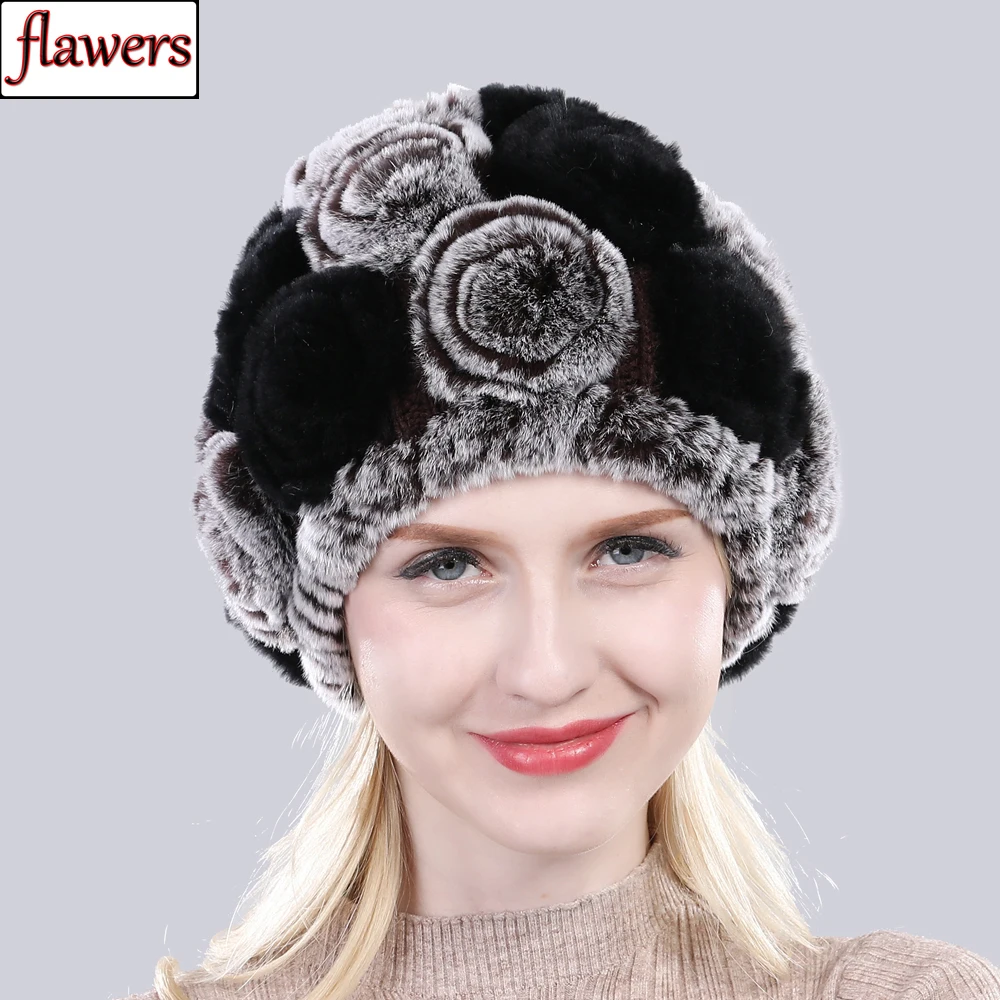Русские женщины цветочный Настоящий мех кролика шапка зимняя теплая для девочек
