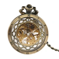 retro bronze mechanical pocket watch transparent open face unique cool vintage clock gifts for men women with chain