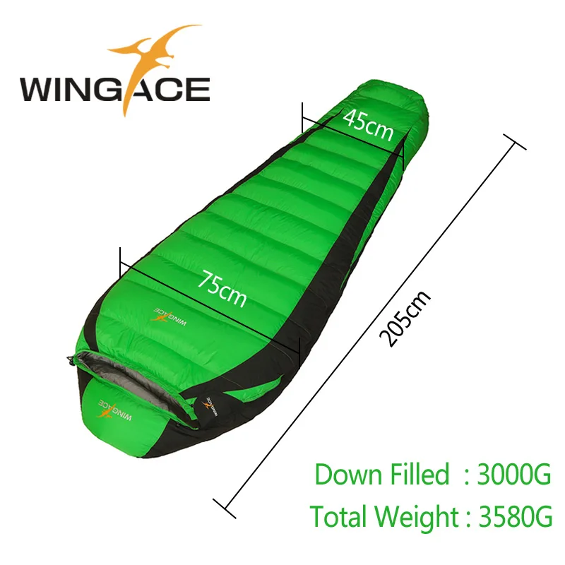 WINGACE заполнить 2000 г 3000 4000G на утином пуху, зимний спальный мешок для взрослых теплая Открытый Кемпинг Мумия спальный мешок для кемпинга Туризм - Цвет: Green 3000G