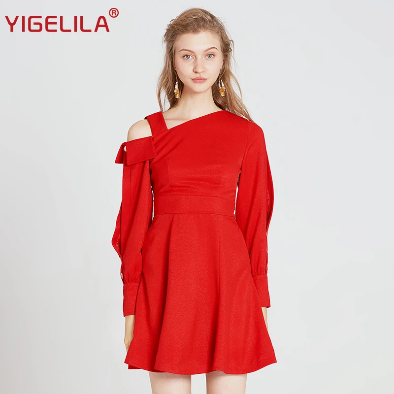 Женское платье на одно плечо YIGELILA Осеннее ассиметричное облегающее А-силуэта с