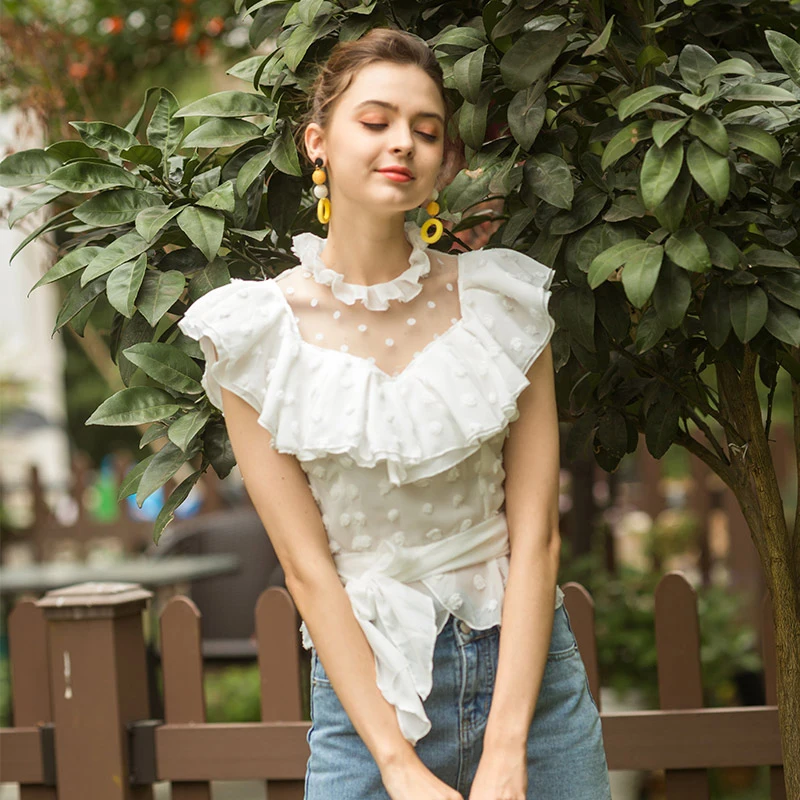 Женская короткая сетчатая блузка JuneLove с V образным вырезом модная рубашка