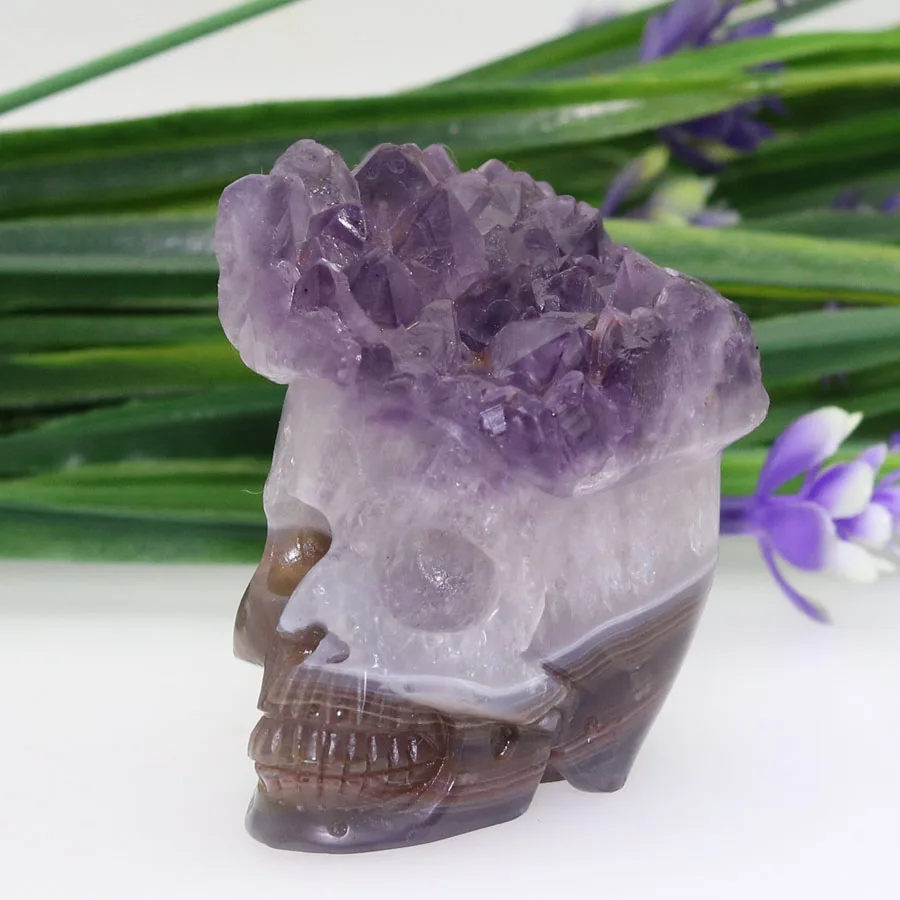 2.03 &quotАметист Geode Агат ручной резной Череп Кристалл реалистичные кристалл