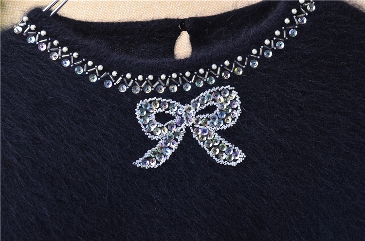 Elegant autumn winter bowknot angora rabbit wool bead Diamond o-neck loose long sleeves mink fur pullover sweater blouses women | Женская