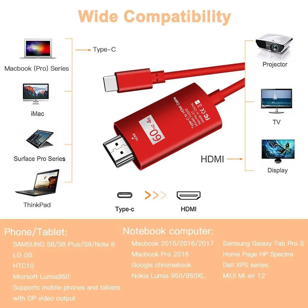 Кабель с разъемом USB C на HDMI 6 футов адаптер типа 4K @ 60 Гц для новых MacBook Pro Samsung Galaxy