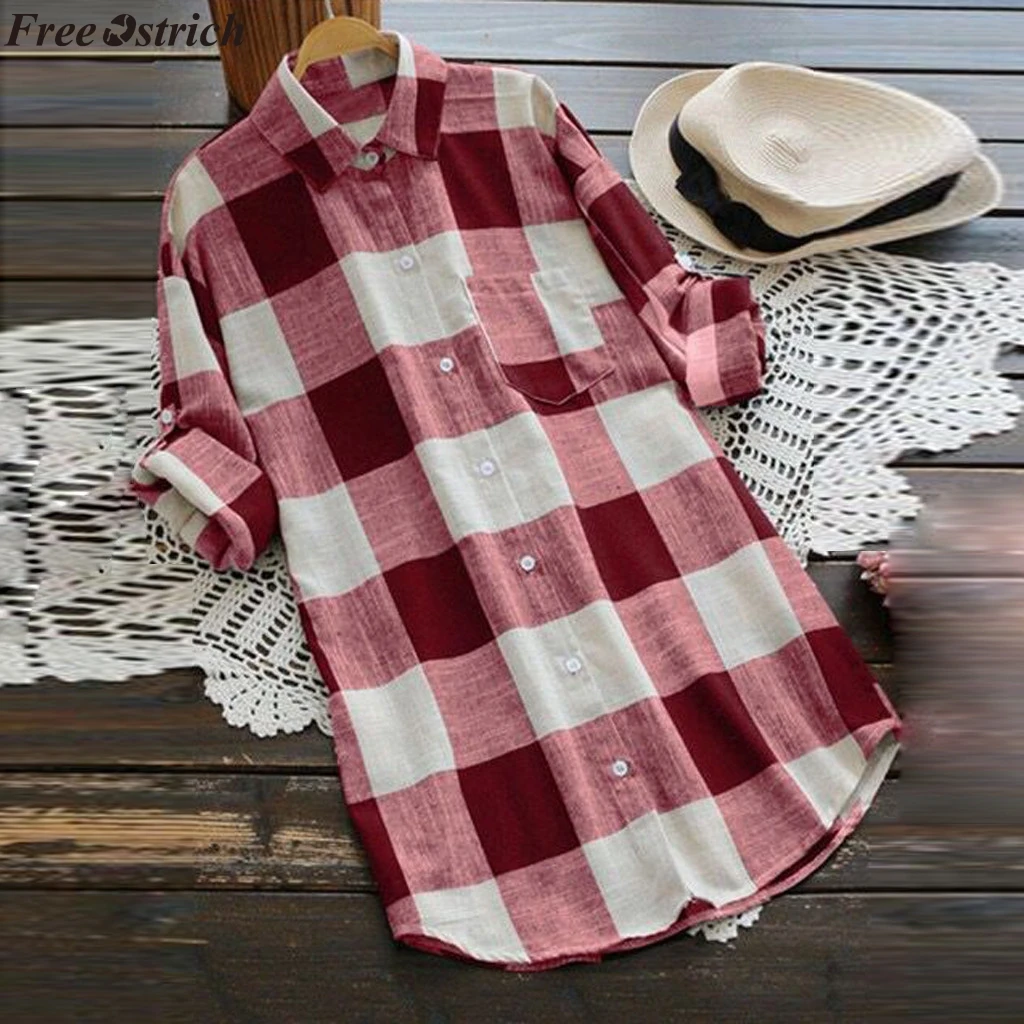 Бесплатная Страусиная Женская винтажная клетчатая блузка с длинным рукавом и v