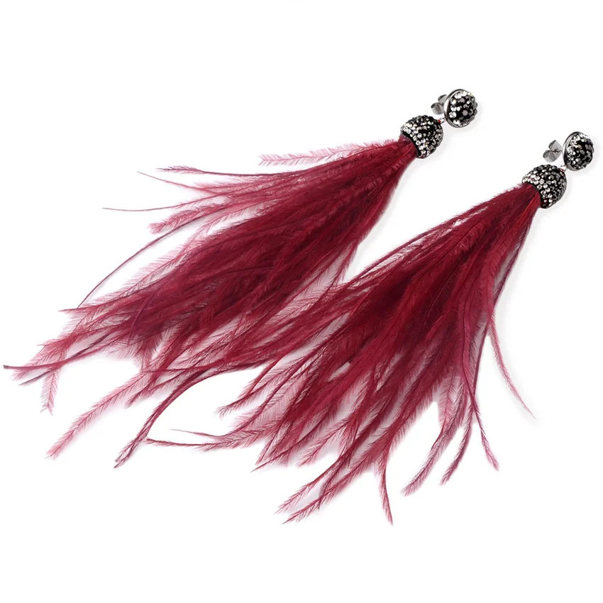 Bohemian Genuine Ostrich Feather Earrings Long Crystal Tassel Dangle Drop for Women Wedding Jewelry Statement | Украшения и