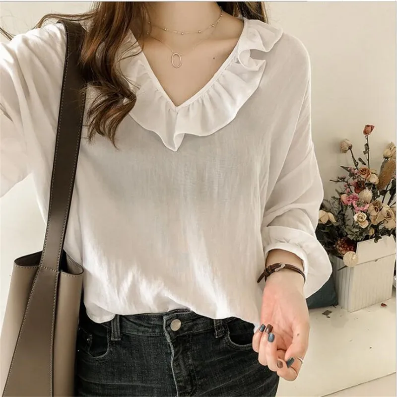 Белая синяя длинная рубашка женская блузка милая с оборками v образным вырезом