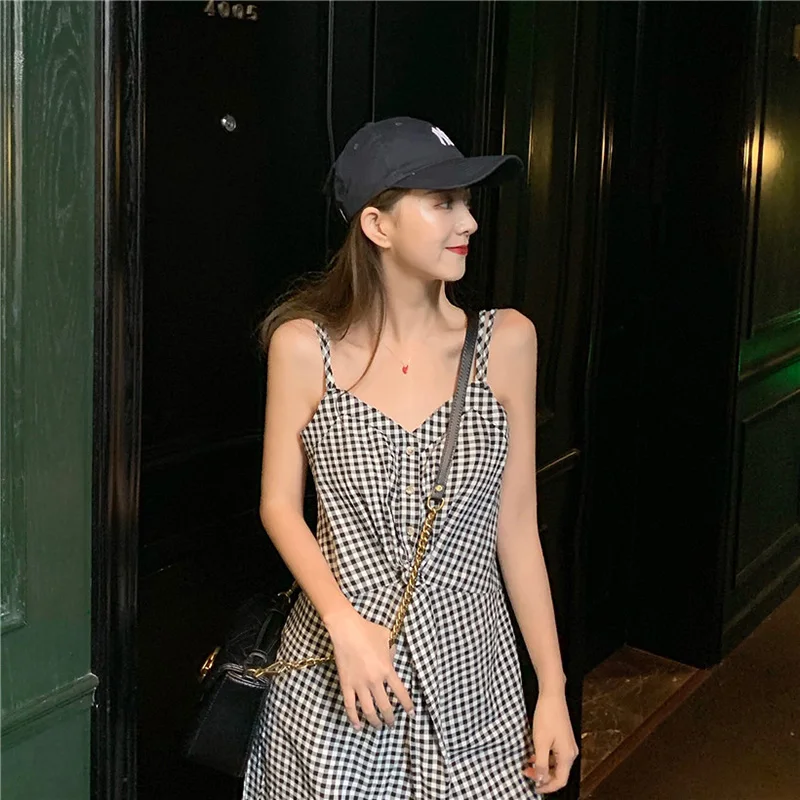 

new Women's V-necktie dress high waist retro Plaid mid-long beach holiday dress