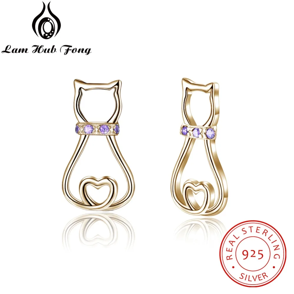 Женские серебряные серьги гвоздики в виде кошки с фиолетовым цирконом маленькие