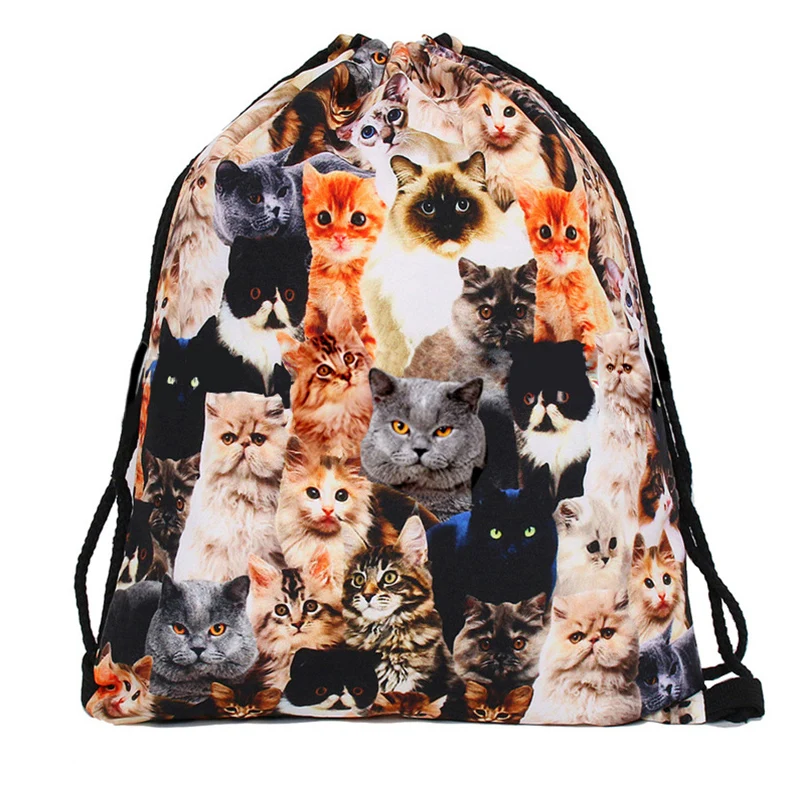 JLIDA животные Кошка 3D печать Drawstring Спортивный Рюкзак для девочек Органайзер