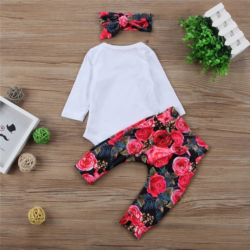 

Newborn Cute Toddle Infant Baby Girls Cotton Long Sleeve Letter Tops Romper Flower Long Pants Headband 3Pcs Outfits Clothes Suit