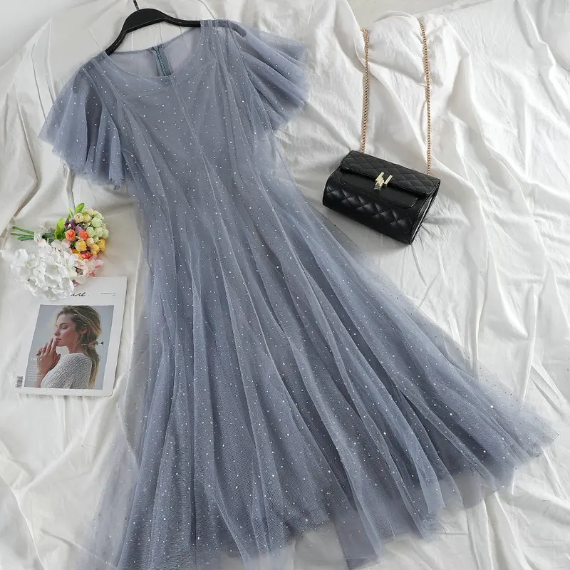 Women Dress Для женщин лето Flare рукавом блестками Тюль бальное платье Винтаж Эластичный Тонкий сетки сетчатая вуаль пуловер Плиссированные Миди - Цвет: Women Dress