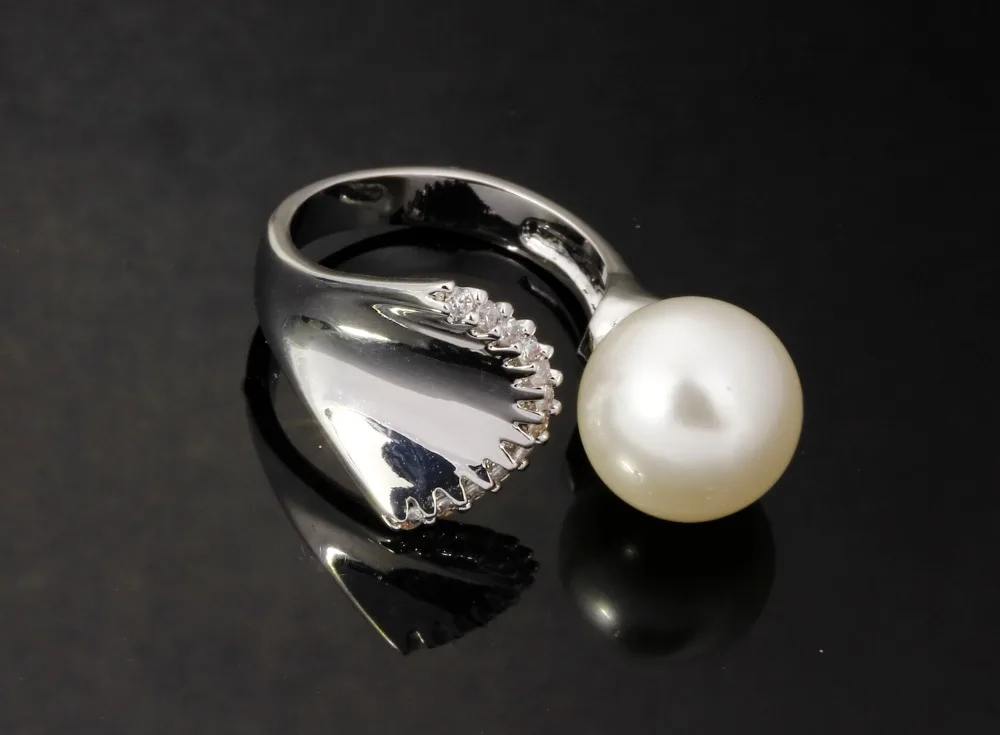 DC1989 Women Wedding Ring Mermaid Look 12 mm Synthetic Pearl 3 Colors CZ Paved Rhodium Color Femmes Anneaux Sizes 5 6 7 8 9 10