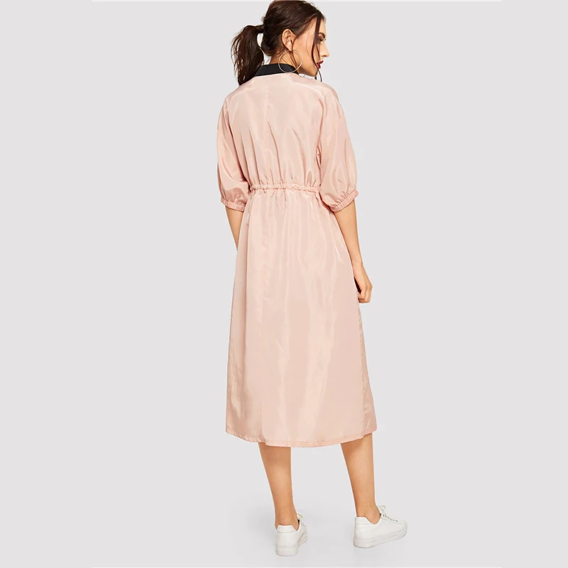 Dotfashion, розовое, на молнии, с завязками спереди, на талии, цветное платье, для женщин, весна, уличная одежда, повседневное, короткий рукав, стоячий воротник, платье