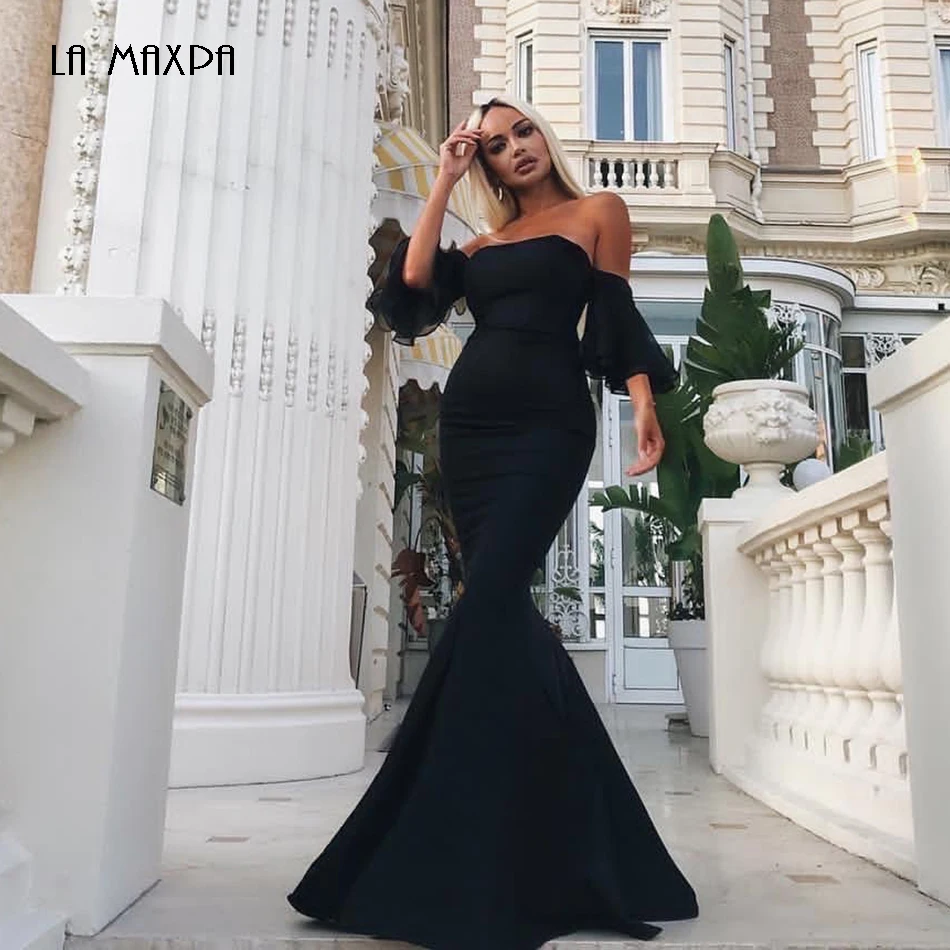 2018 winter new black sexy Christmas party dress strapless ruffle mermaid banquet short sleeve long bandage | Женская одежда