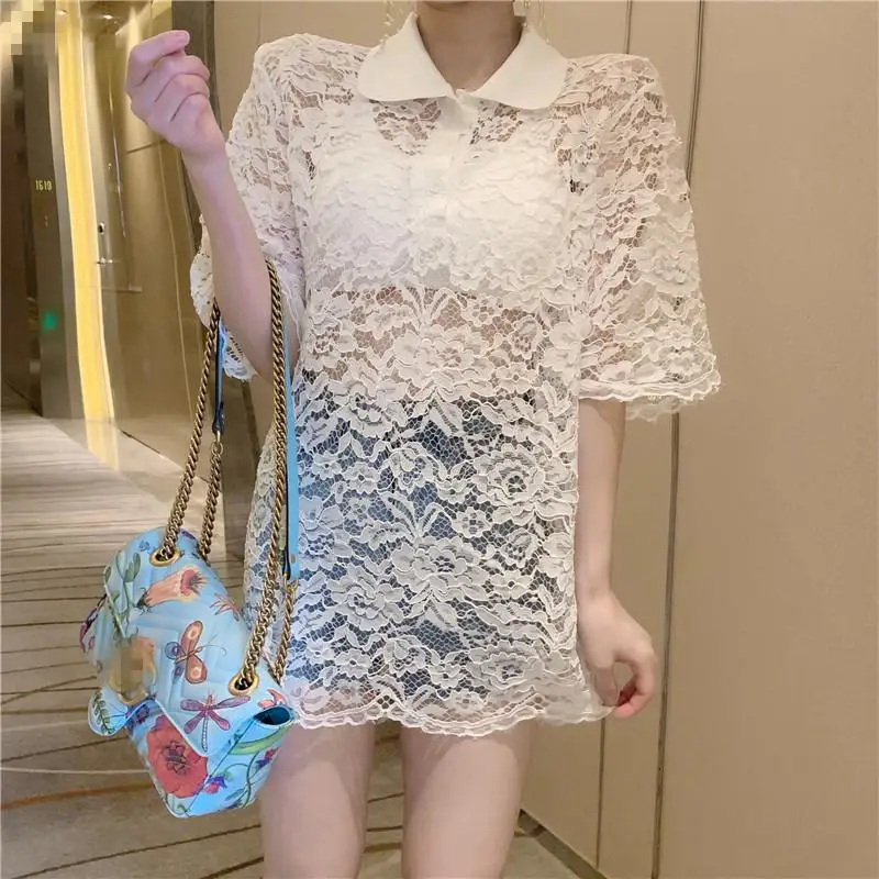 hollow out perspective Women's Clothing sexy Blouses summer lace blusas mujer de moda tops club shirts new encaje |