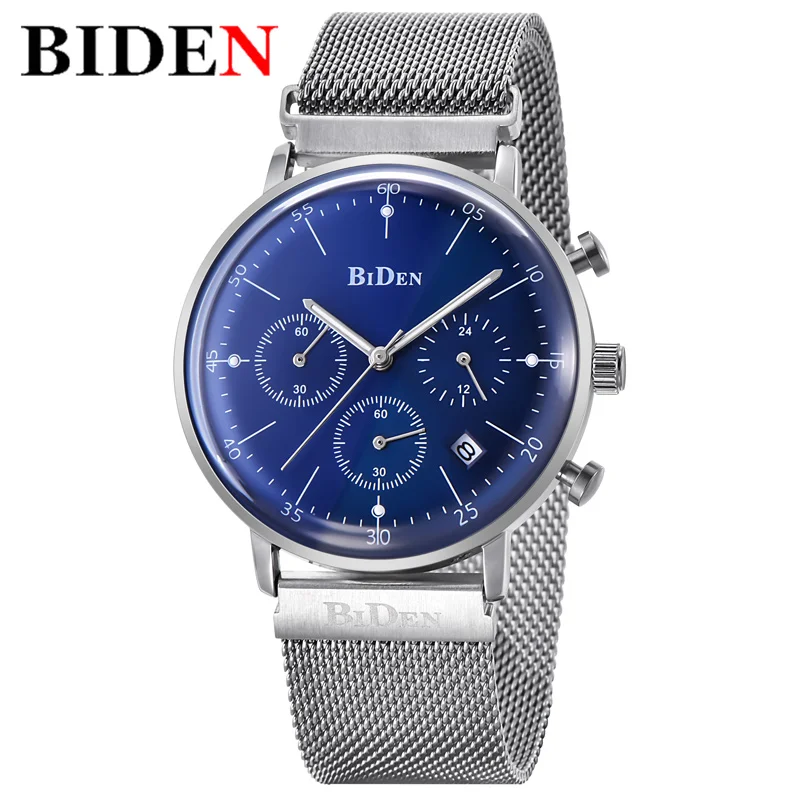 Silver Blue Мужские часы BIDEN, Топ бренд, роскошные мужские модные спортивные часы, мужские наручные часы с хронографом из нержавеющей стали, Relogio Masculino - Цвет: Silver Blue