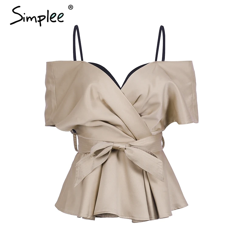 Simplee Сексуальная спинки v шеи Блузка рубашка Женщины топы Sash Лук атласная блузка