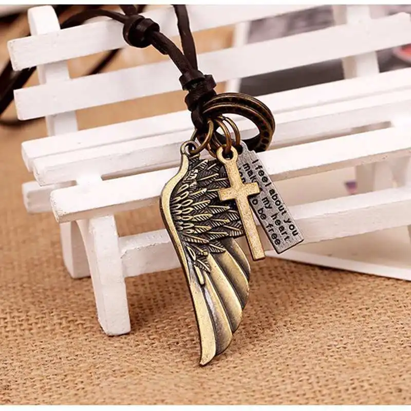 Мужское винтажное ожерелье из натуральной кожи кулон с крыльями цепочка для