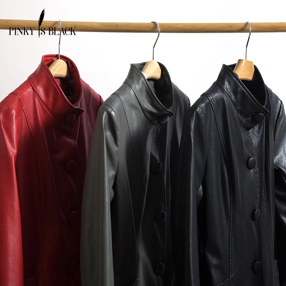 Pinky Is Black 2019 New Arrival Women Autumn Winter Faux Leather Jackets Lady Fashion S-5XL Long Motorcycle Women Coat Outwear