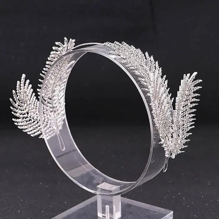 Full Rhinestone Feather Shape Bride Headband Tiara and Crown Bridal Hairband Headpiece Women Wedding Hair Jewelry Accessories VL