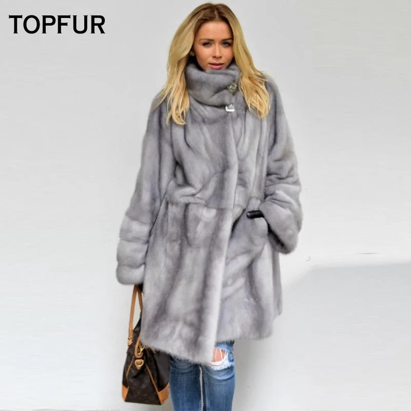 Новое поступление шуба TOPFUR из натурального меха норки женская серого свободная