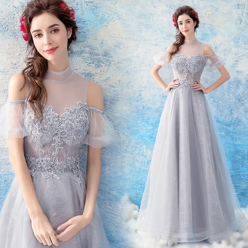 Серый Вечерние платья Топ See Through Кружево Аппликации линии Vestiti Eleganti Donna Cerimonia Sera