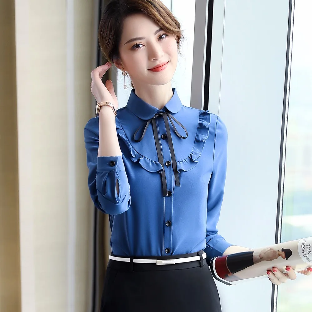 Женская офисная блузка с длинным рукавом темно-синяя белая розовая Повседневная