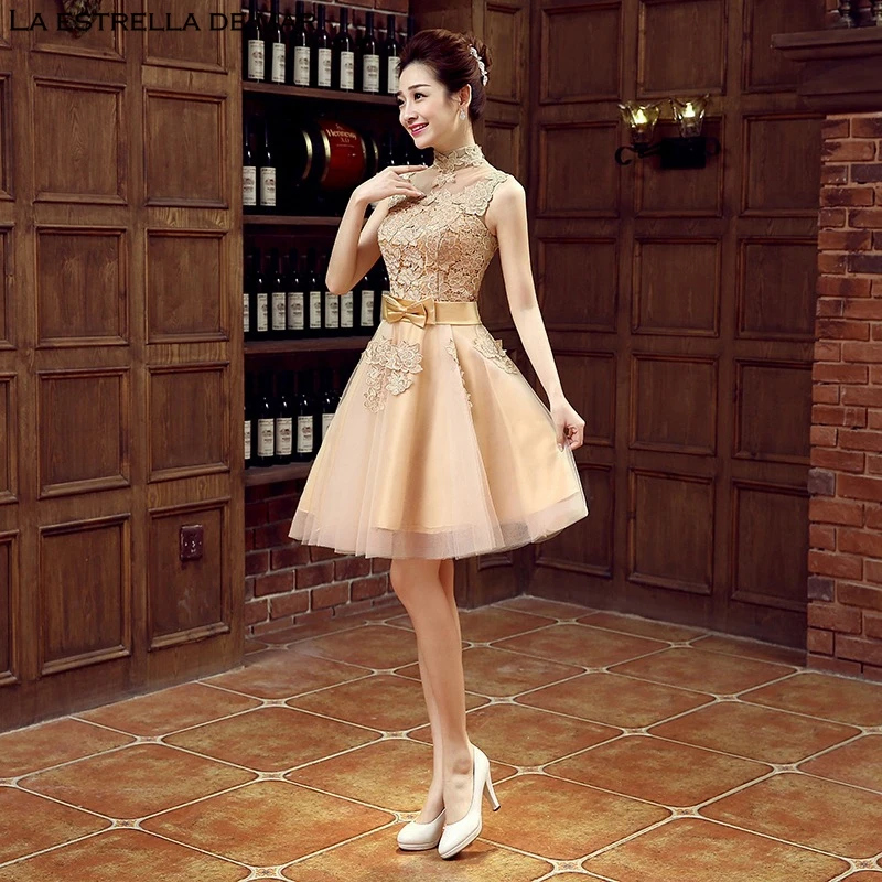 Vestido invitada кружевное Пышное Золотое короткие платья для невесты ropee d'honneur красивое свадебное платье