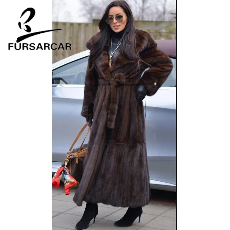 FURSARCAR 2021 New Luxury Real Mink Fur Coats 120 CM Long Jacket With Big Fur Hood For Women Whole Skin Female Mink Fur Coat
