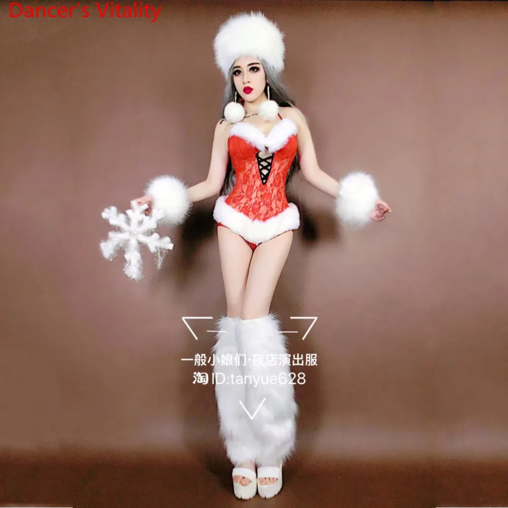 Nightclub Bar New Year DS Female Singer DJ Red White Fur Body Suit Performance Costume Pole Jazz Dancewear Set Clothes Outfits |