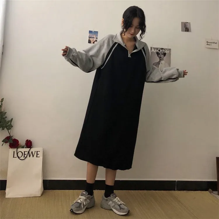 Уличная одежда больших размеров ulzzang, корейская мода, осенняя Женская одежда, Harajuku, водолазка, флисовая плотная толстовка, длинные платья