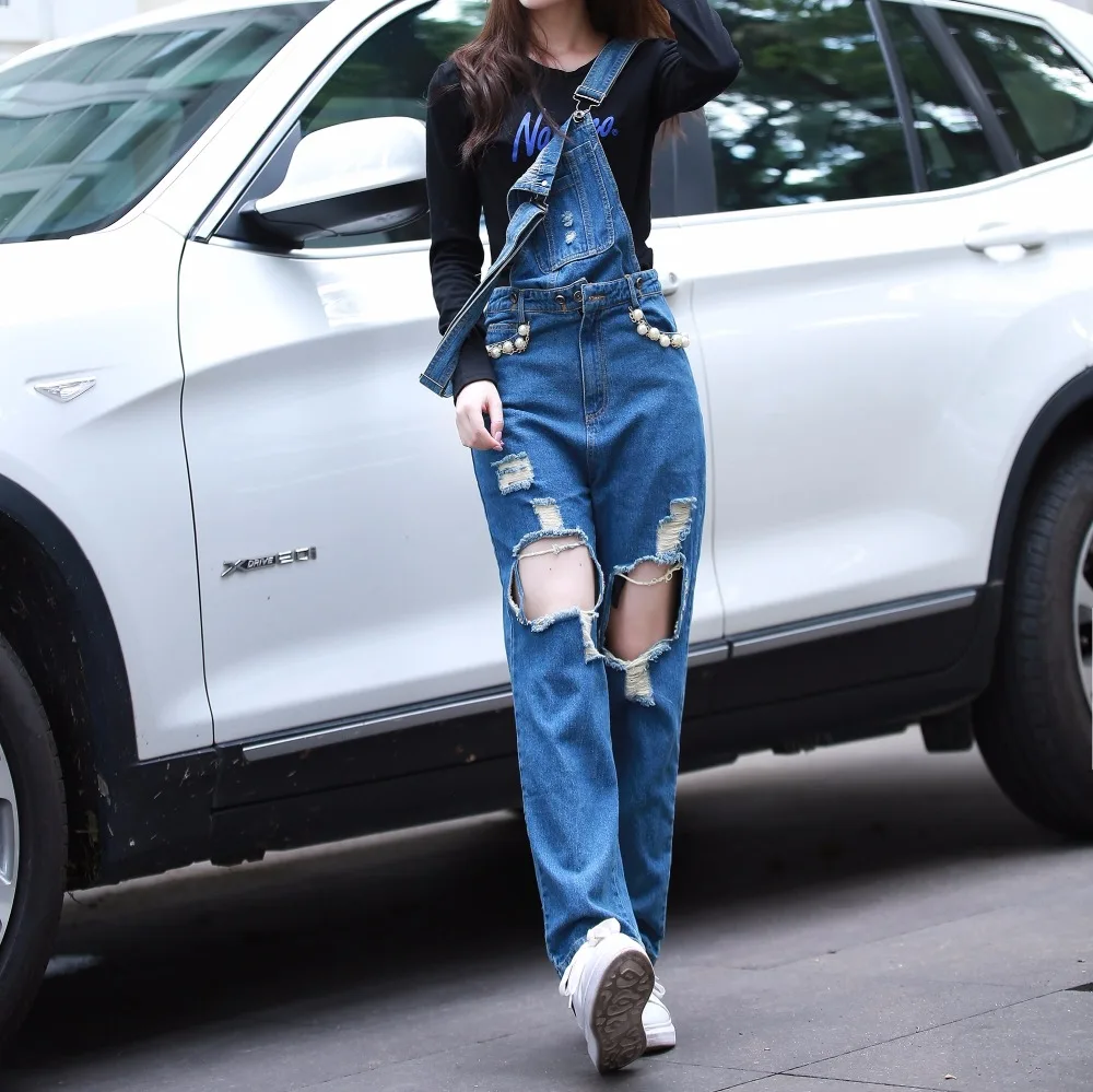 2017 шикарный женский уличный стиль с жемчужной цепочкой карманами рваные