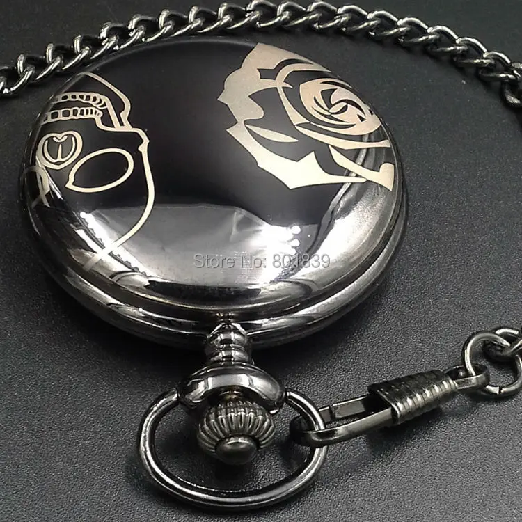 Элегантные Мужские кварцевые карманные часы с черным черепом розы цепочкой