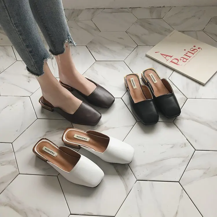 Женская обувь; шлепанцы без задника в горошек; zapatos mujer; коллекция года; сезон лето; модные шлепанцы с квадратным носком; тапочки с закрытым носком; лоферы; цвет черный, белый