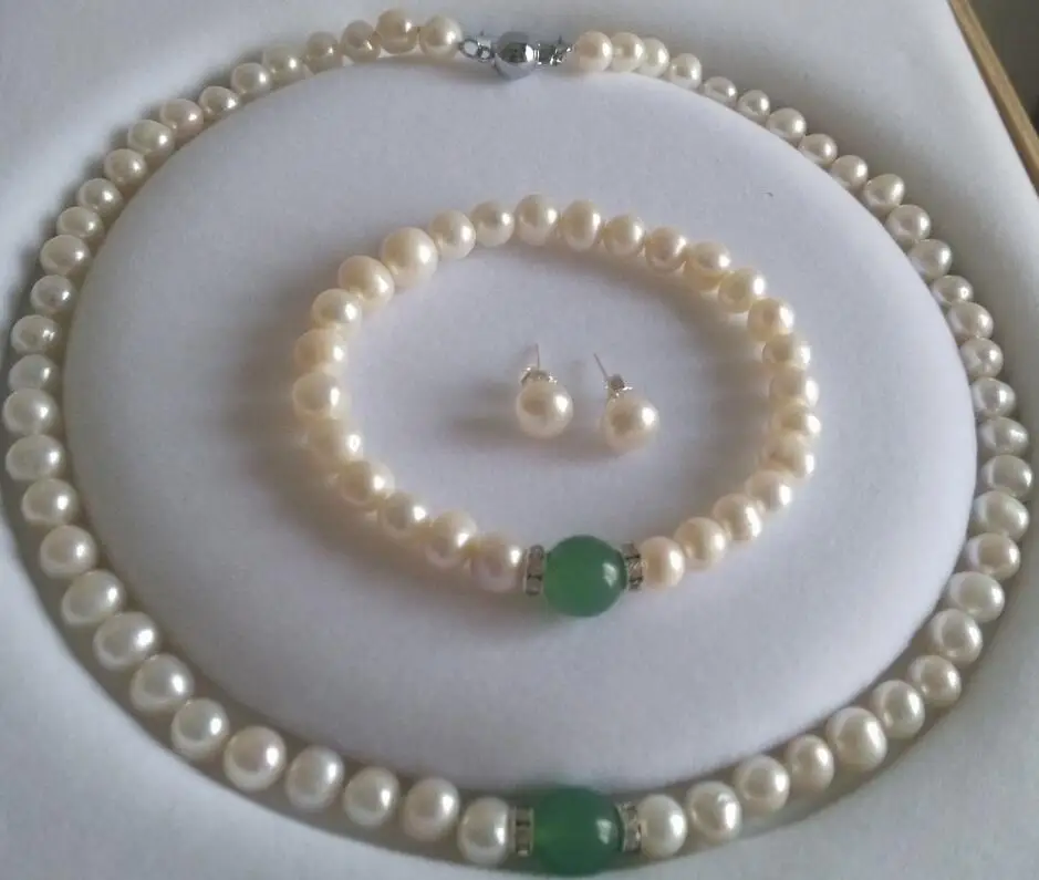 

luxury Noble jewelry Natural White Akoya Pearl Green Bracelet Necklace Earrings Jewelry set free shipping
