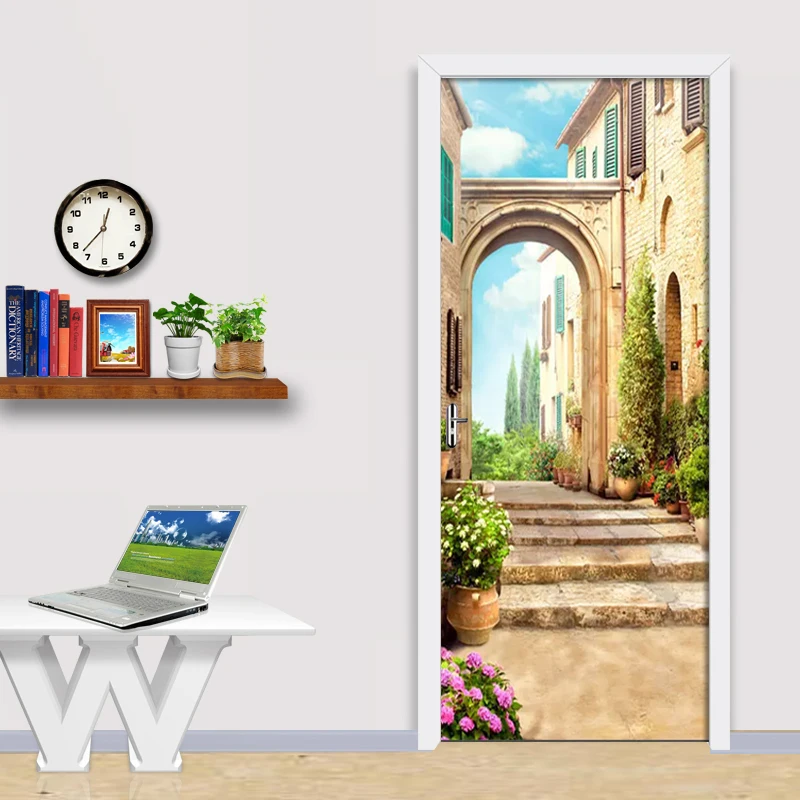 Наклейка на дверь 3D с изображением Европейского города и улицы Настенная для