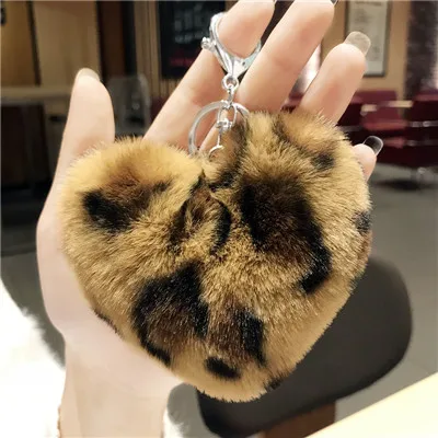 Khaki heart Искусственный мех кролика мяч цепь с ключом помпон Leopard плюшевое сердце брелок Pom круглый шар брелок автомобиль сумка брелок подарок chaviro - Цвет: Khaki heart