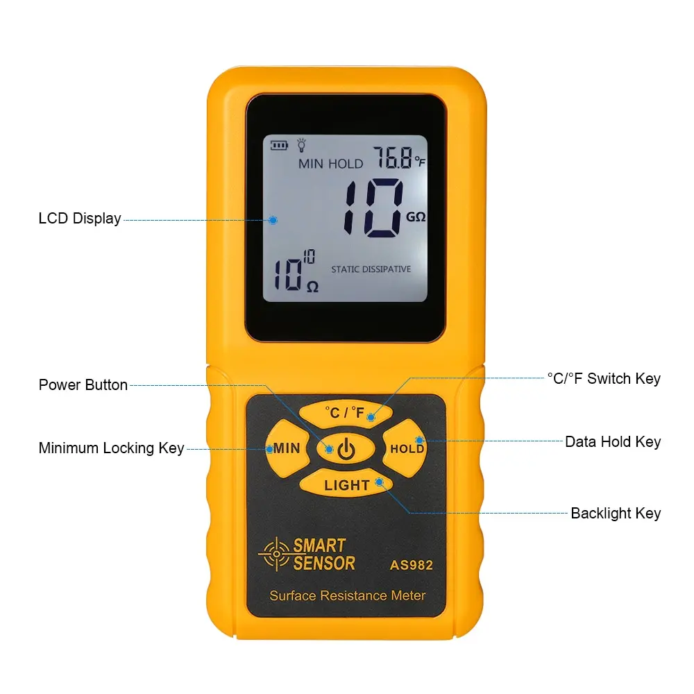 Ручной ЖК измеритель поверхностного сопротивления AS982 цифровой тестер с