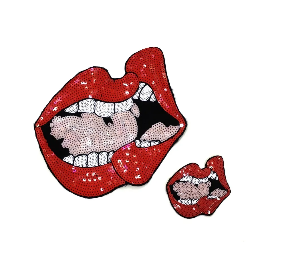 

2PCS/set Red Lips Patches for Clothing T-shirt Sew on Sequins Patches Fabric Embroideried Appliques Decoration Patches
