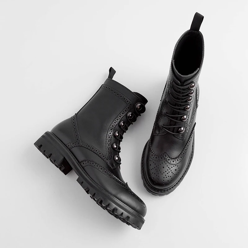 ISNOM Motorcycle Boots Women Mid-Calf Military Boot Round Toe Neutral Brogue Shoes Female Cross Tied Rivet Casual Shoes Ladies