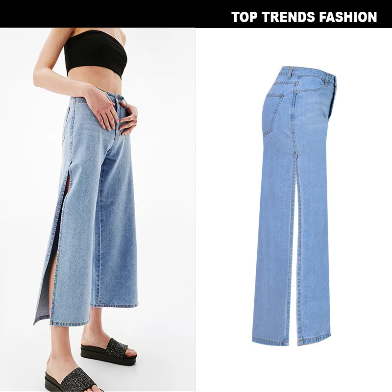 Europe America Fashion Women High waist double slit Jeans plus size Light Blue Wide Leg trousers Loose Pants | Женская одежда