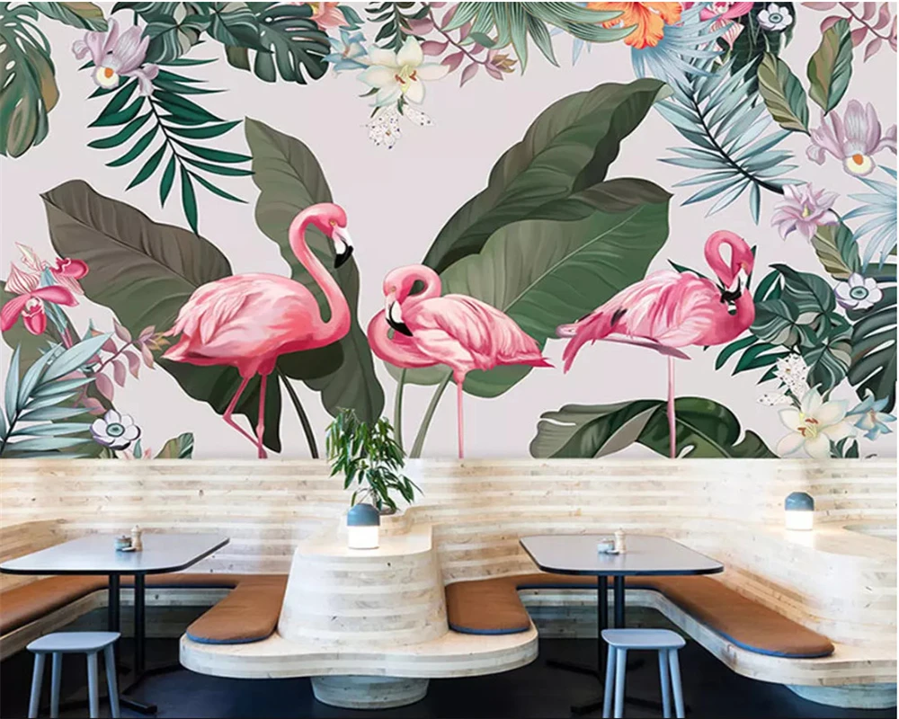 

Beibehang Custom Wallpaper Wall Stickers Hand painted European Pastoral Flamingo Tropical Rainforest Southeast Asia 3d wallpaper