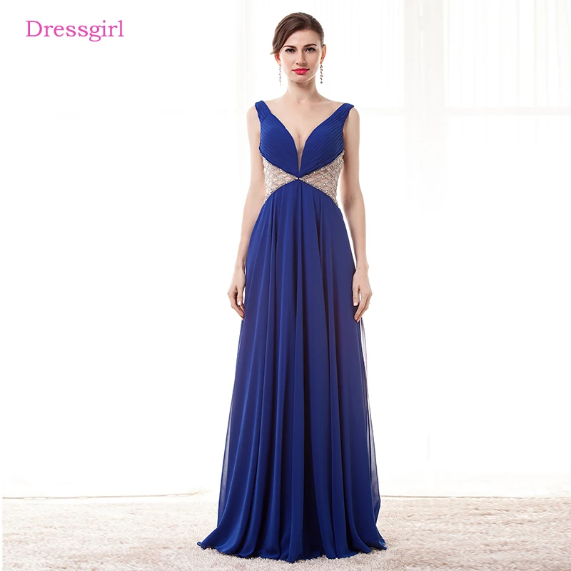 

Royal Blue Prom Dresses A-line Deep V-neck Chiffon Beaded Backless Sexy Long Prom Gown Evening Dresses Robe De Soiree