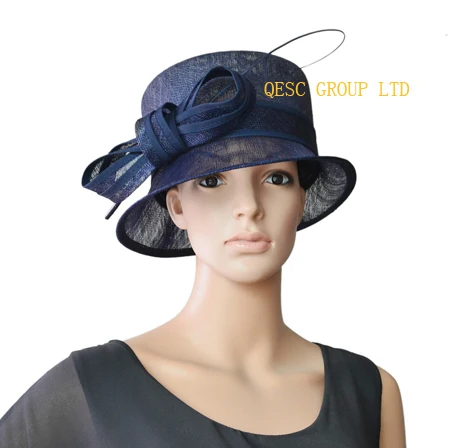 Шляпа для церкви с маленькими полями темно синего цвета шляпа Sinamay w/ostrich spine