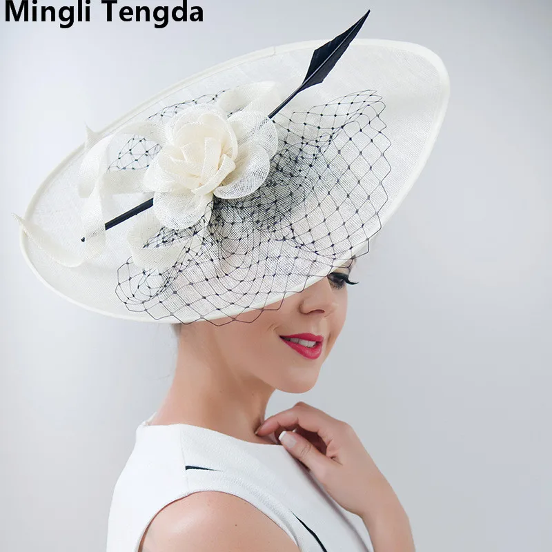 White Mingli Tengda, винтажная элегантная красная шляпа для невесты, свадебные шляпы с перьями и цветами, вечерние шляпы для невесты, свадебные аксессуары - Цвет: White