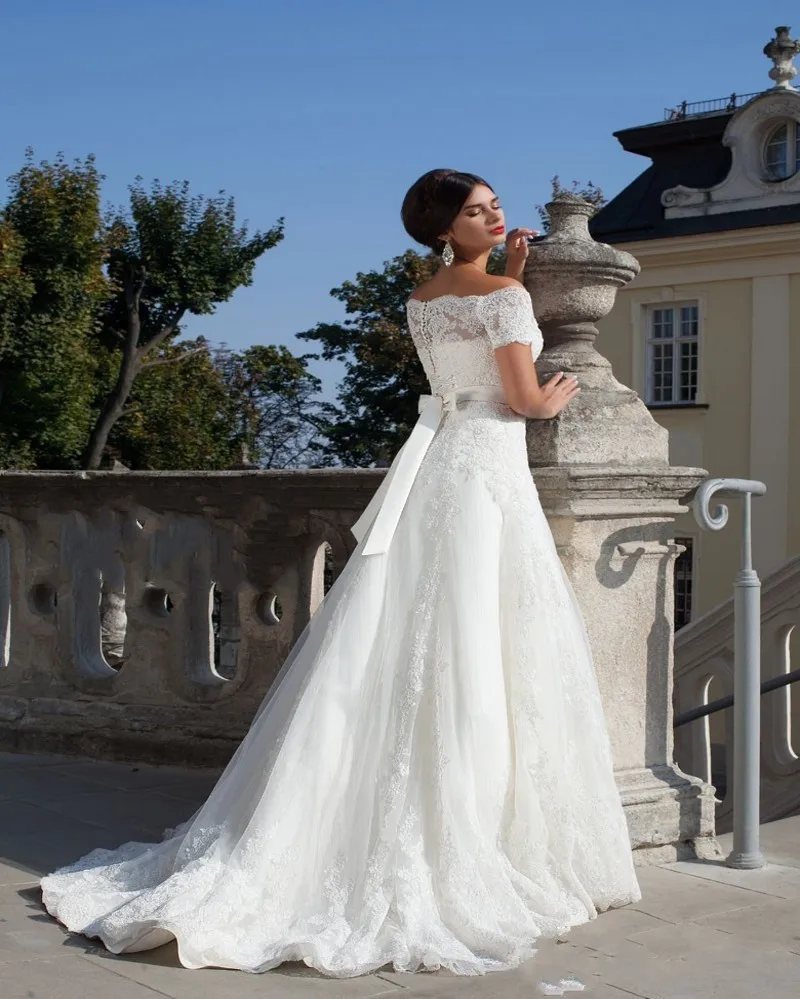 Sexy Boat Neck Short Sleeve Lace Wedding Dress 2017 Vintage Vestido De Noiva Custom Made Crystal Sashes A-Line Gowns | Свадьбы и