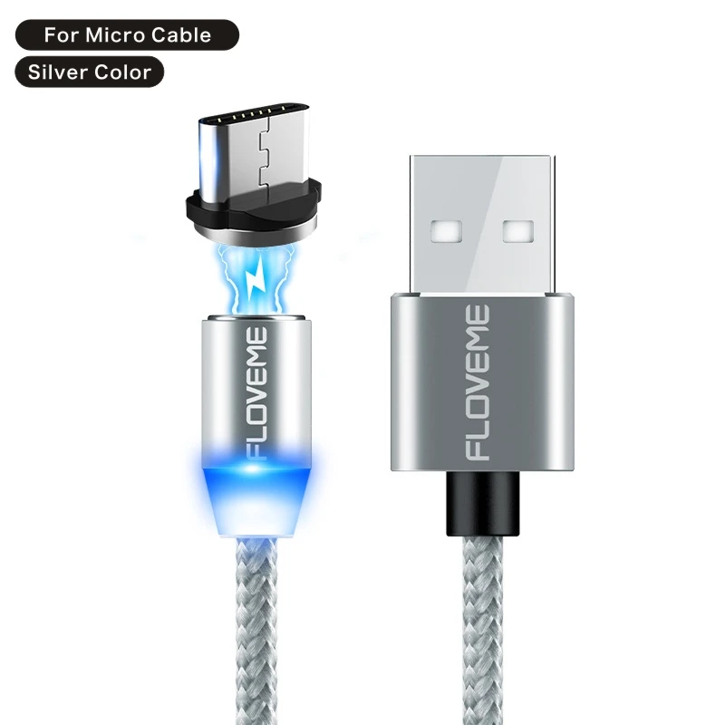 For Micro Silver FLOVEME 2A Магнитный зарядный кабель для быстрой зарядки Micro usb type C кабель для освещения USBC/type-C кабель для iPhone samsung - Цвет: For Micro Silver